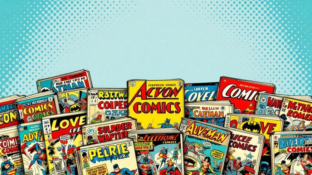 vintage comic book collection silver and bronze age comics colorful covers displayed in retro pop art style