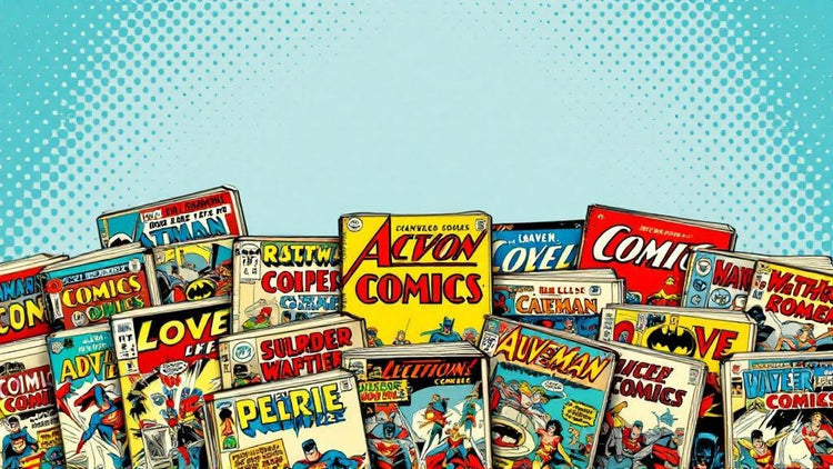 vintage comic book collection silver and bronze age comics colorful covers displayed in retro pop art style