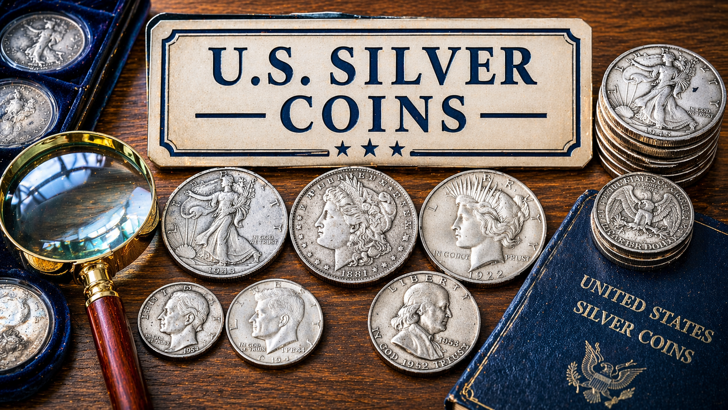  U.S. silver coins including walking liberty, Morgan dollar, and Franklin half dollar on display