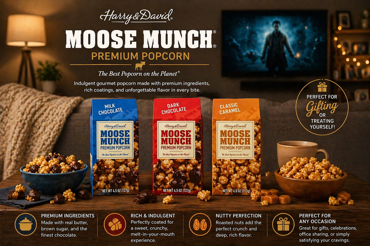 Harry and David Moose Munch popcorn in milk chocolate dark chocolate and classic caramel boxes with bowls on table during cozy movie night