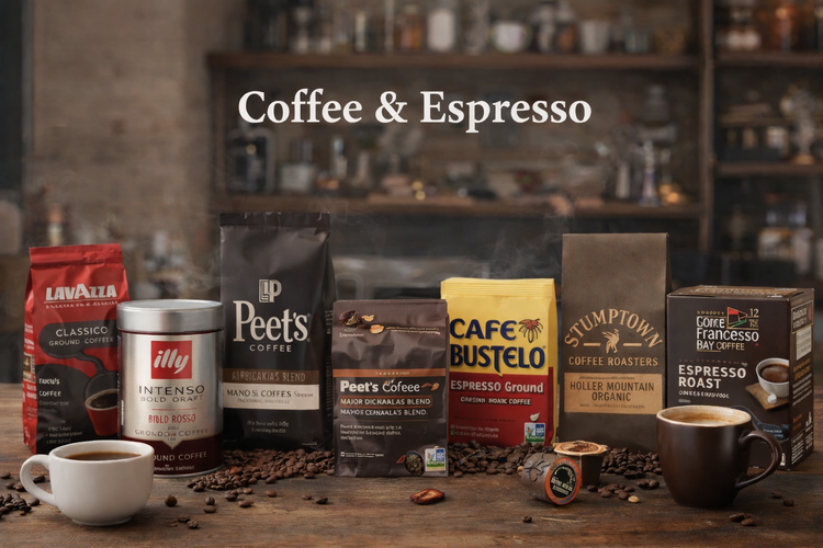 coffee and tea assortment with espresso ground coffee and tea products
