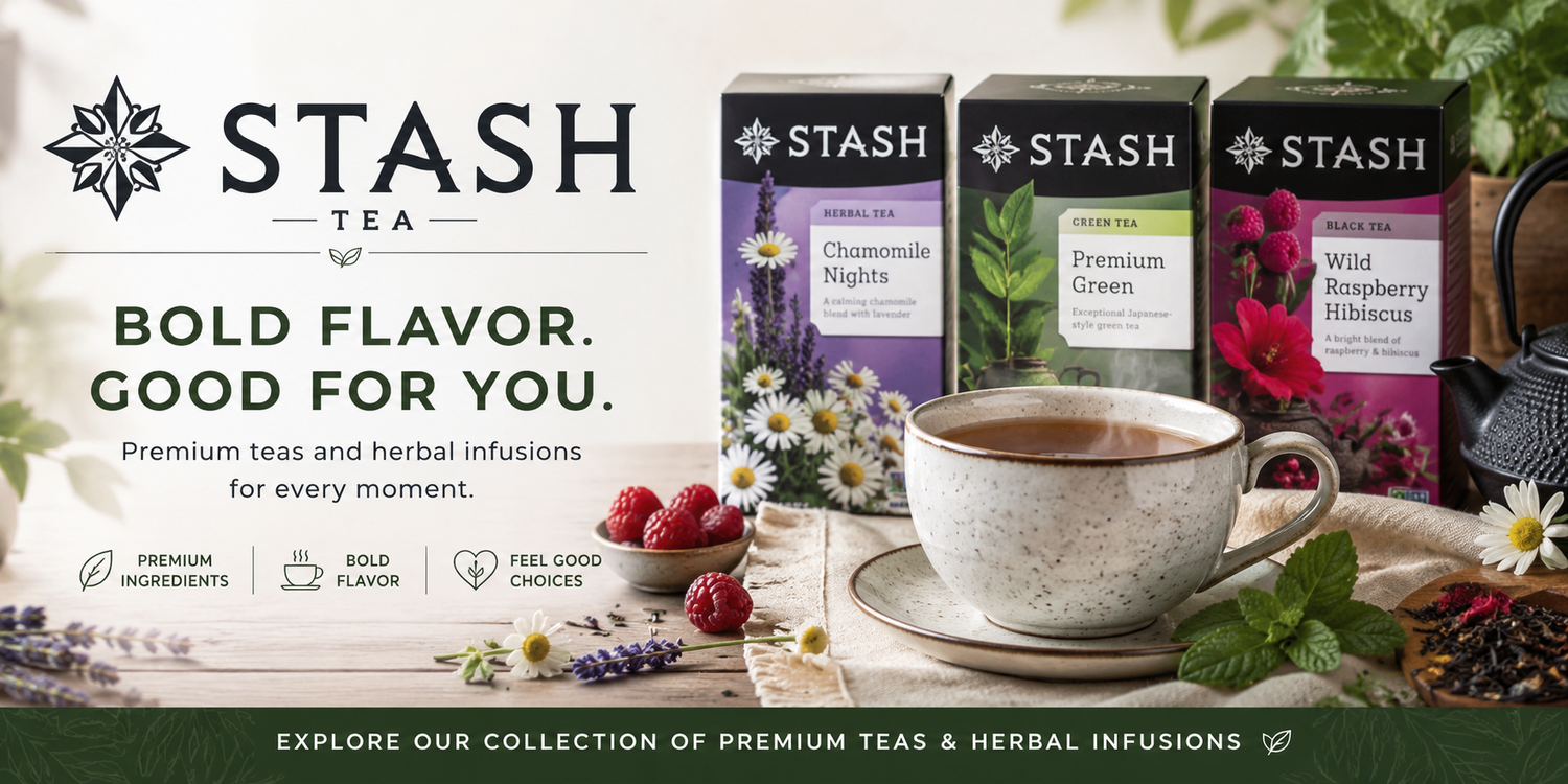 Stash Tea premium herbal and black tea collection hero banner featuring assorted tea boxes, hot tea cup, berries, and botanical ingredients.