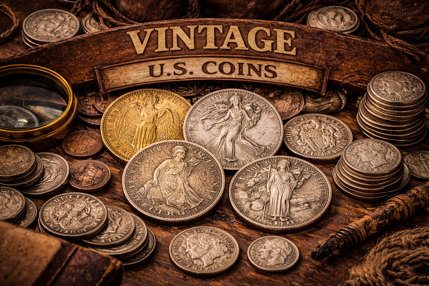 vintage U.S. coins collection with antique silver and gold coins in historical coin display