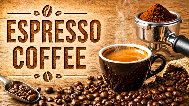 espresso coffee beans and ground espresso with portafilter and fresh brewed espresso cup on rustic wood background