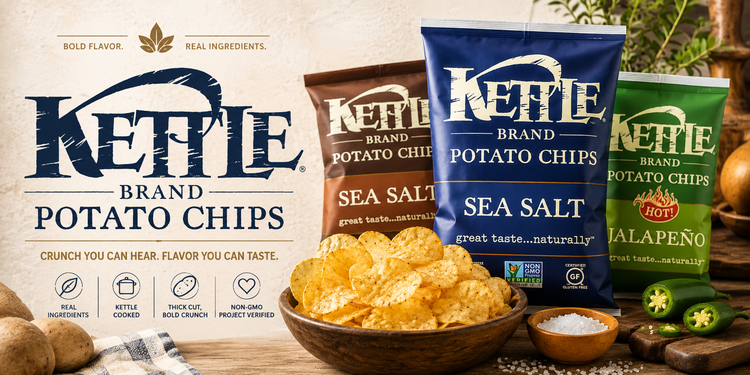 Premium Kettle Brand potato chips hero banner featuring Sea Salt and Jalapeño kettle-cooked chips with rustic wooden table styling, crunchy potato chips, fresh ingredients, and bold better-for-you snack branding.