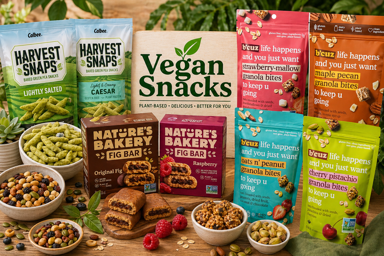 Vegan snacks collection featuring Harvest Snaps pea crisps, Nature’s Bakery fig bars, and B’cuz granola bites with trail mix and nuts on a wooden table