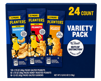 Planters Single-Serve Variety Pack – 24 Count Peanuts & Cashews