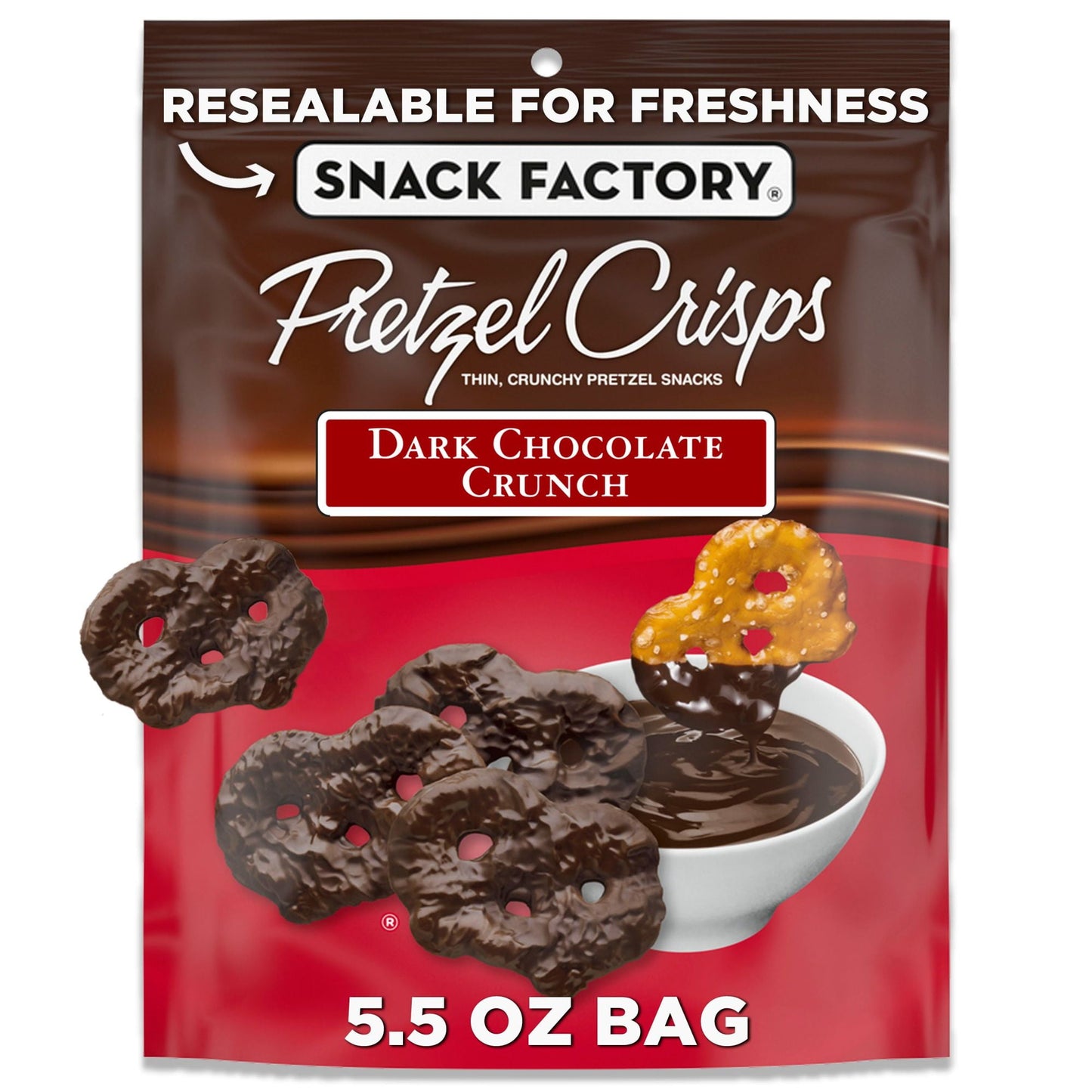 Snack Factory Pretzel Crisps, Dark Chocolate Covered Pretzels, 5.5 oz front package image - Pops Trading Company