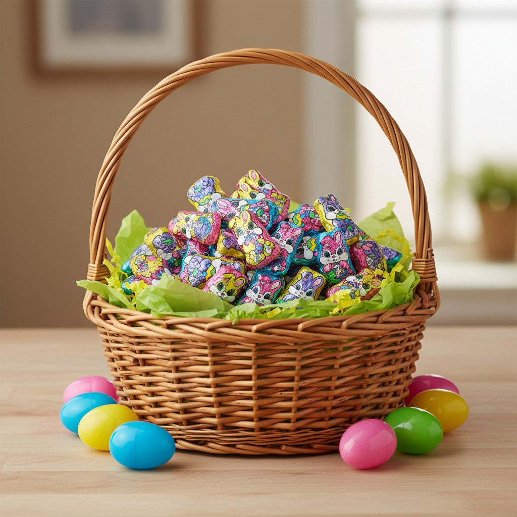 Pops Trading Company Foil Wrapped Milk Chocolate Flavored Mini Easter Bunnies 16oz side package detail image - Pops Trading Company