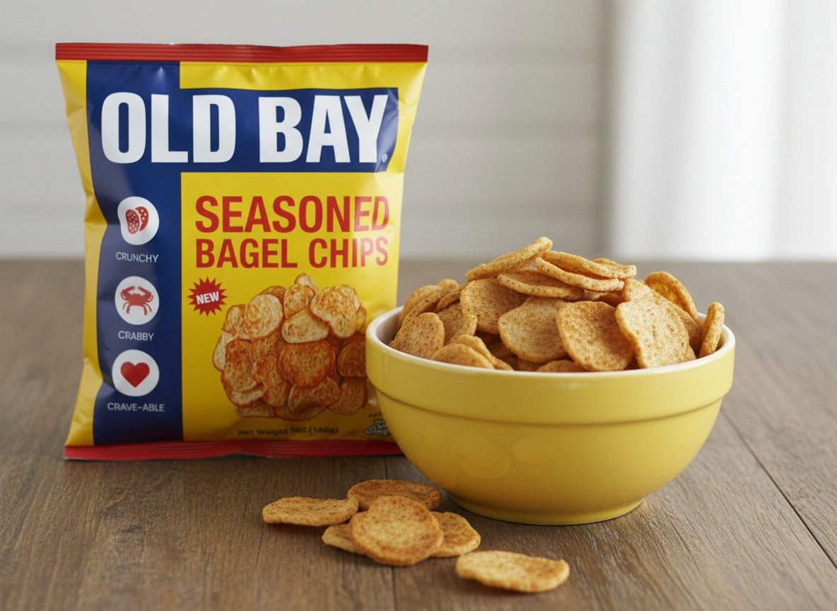 Snack Iconic OLD BAY Seasoned Bagel Chips, 5oz Bag Vegan, Plant Based side package detail image - Pops Trading Company