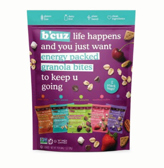 B'cuz Granola Bites Variety Mix 1oz, 5 Pack of 1 oz bags front package image - Pops Trading Company