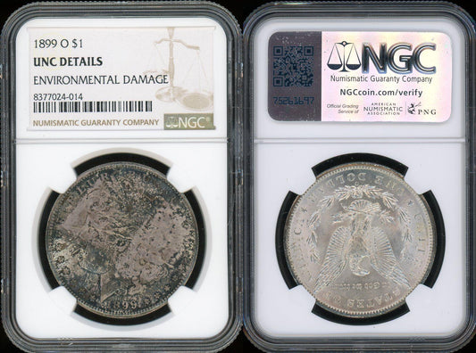 1899-O Morgan Silver Dollar NGC UNC details environmental damage certified coin obverse and reverse slab