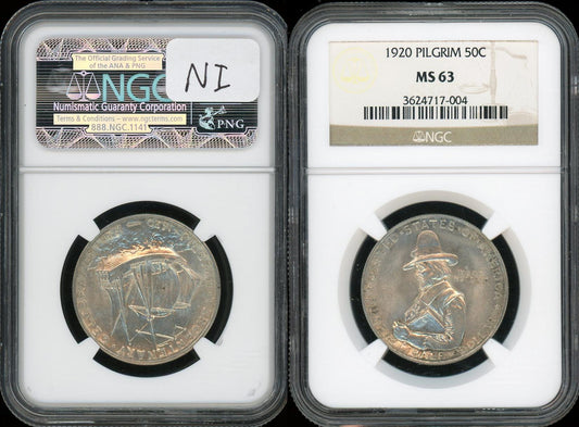 1920 Pilgrim Tercentenary half dollar NGC MS63 commemorative silver coin obverse and reverse slab