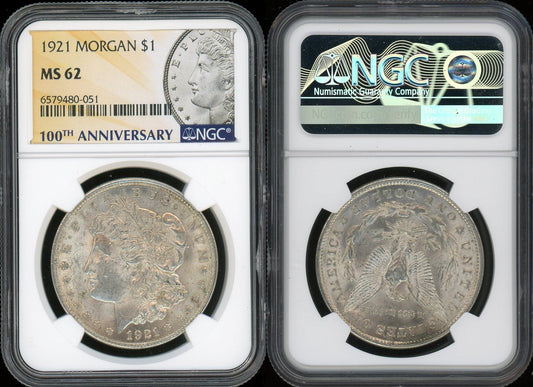 1921 Morgan Silver Dollar NGC MS62 100th Anniversary Label Certified Coin-  051