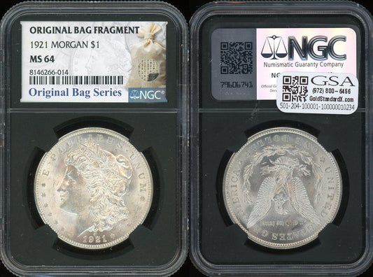 1921 Morgan Silver Dollar NGC MS64 original bag fragment label certified coin obverse and reverse slab
