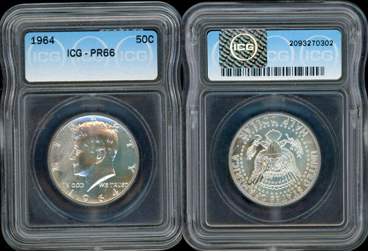 1964 Kennedy half dollar ICG PR66 proof silver coin obverse and reverse slab