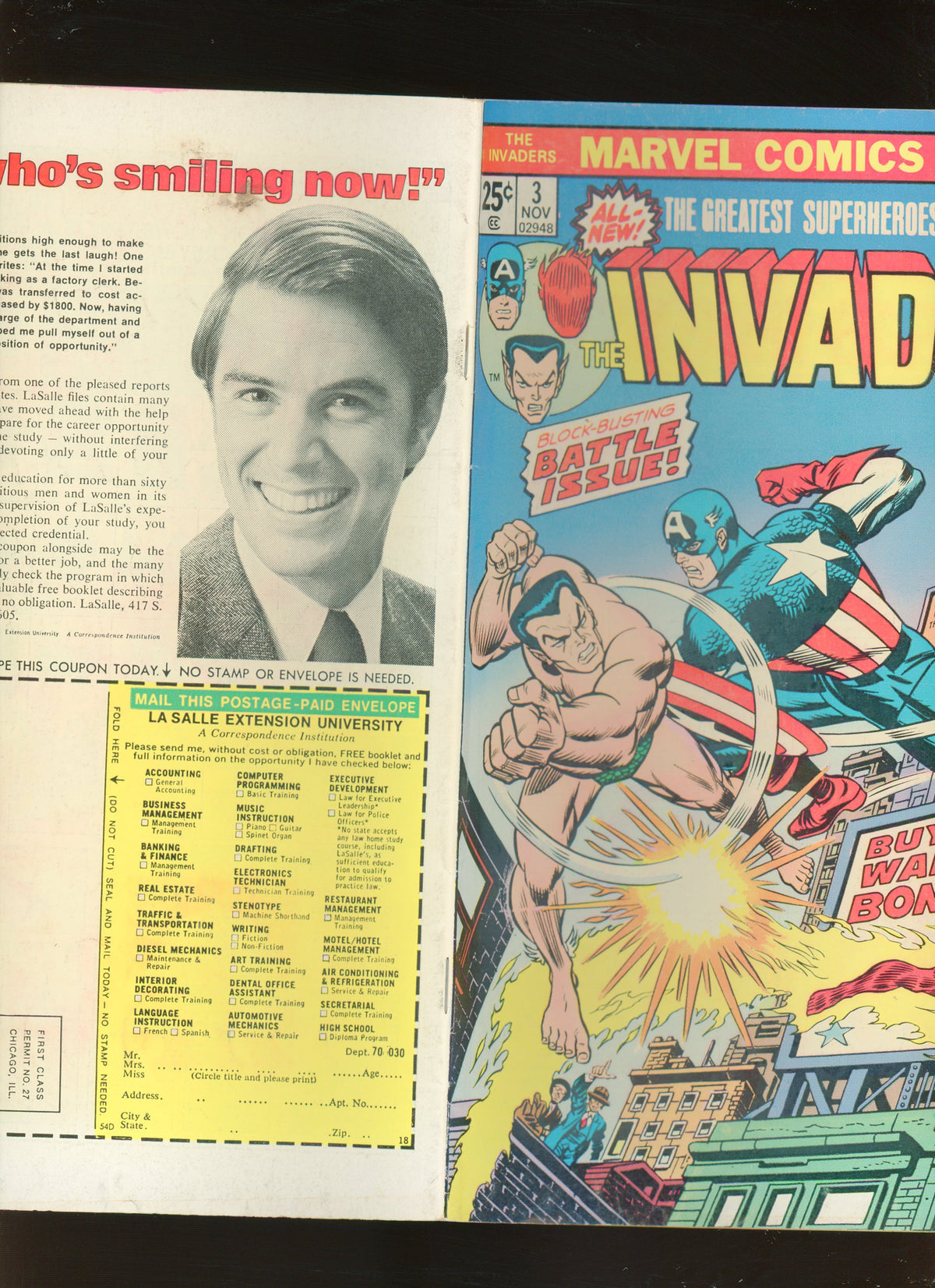 The Invaders #3 (1975) 1st U-Man Captain America Black Knight