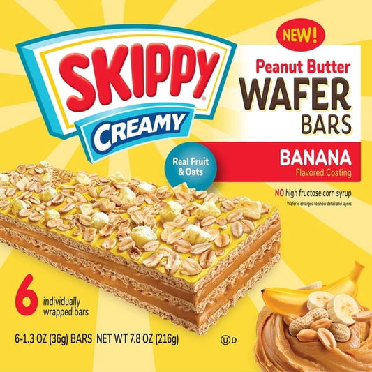 SKIPPY Creamy Banana Coating & Peanut Butter Wafer bars - 6 Individually Wrapped front package image - Pops Trading Company