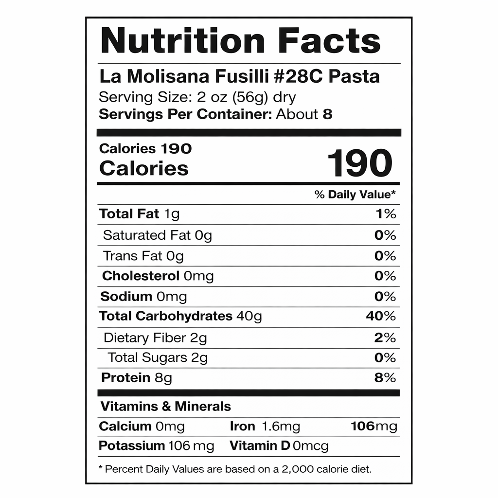 La Molisana Fusilli Bronzo #28C Pasta – 3 Pack (3 × 16 oz Bags) back package image - Pops Trading Company
