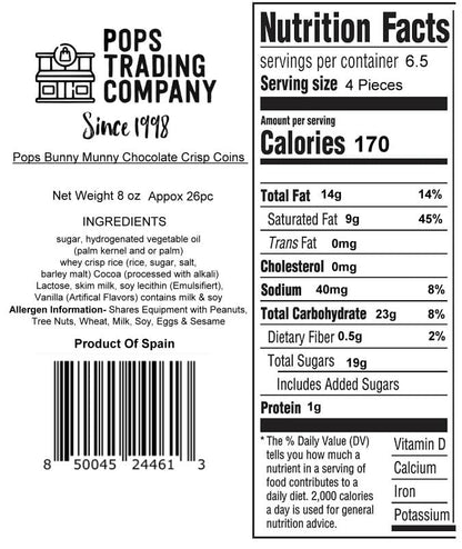 POPS TRADING COMPANY Bunny Munny Chocolate Crisp Coins 8 ounces (26pc) nutrition facts and ingredients image - Pops Trading Company