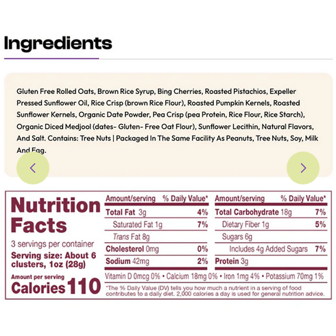 B’cuz Cherry Pistachio Granola Bites | Gluten-Free Plant-Based Snack 3oz nutrition facts and ingredients image - Pops Trading Company