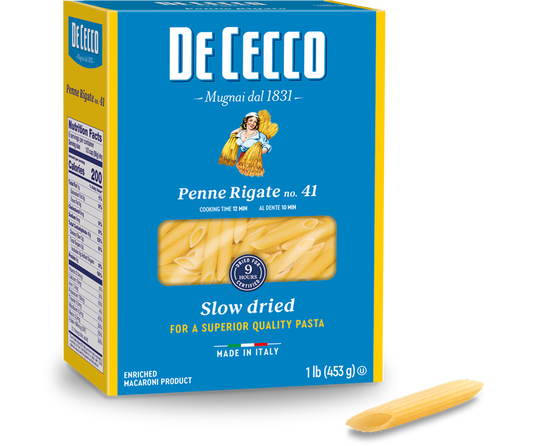 De Cecco Pasta Penne Rigate # 41 Pasta 3-1lb Boxes front package image - Pops Trading Company