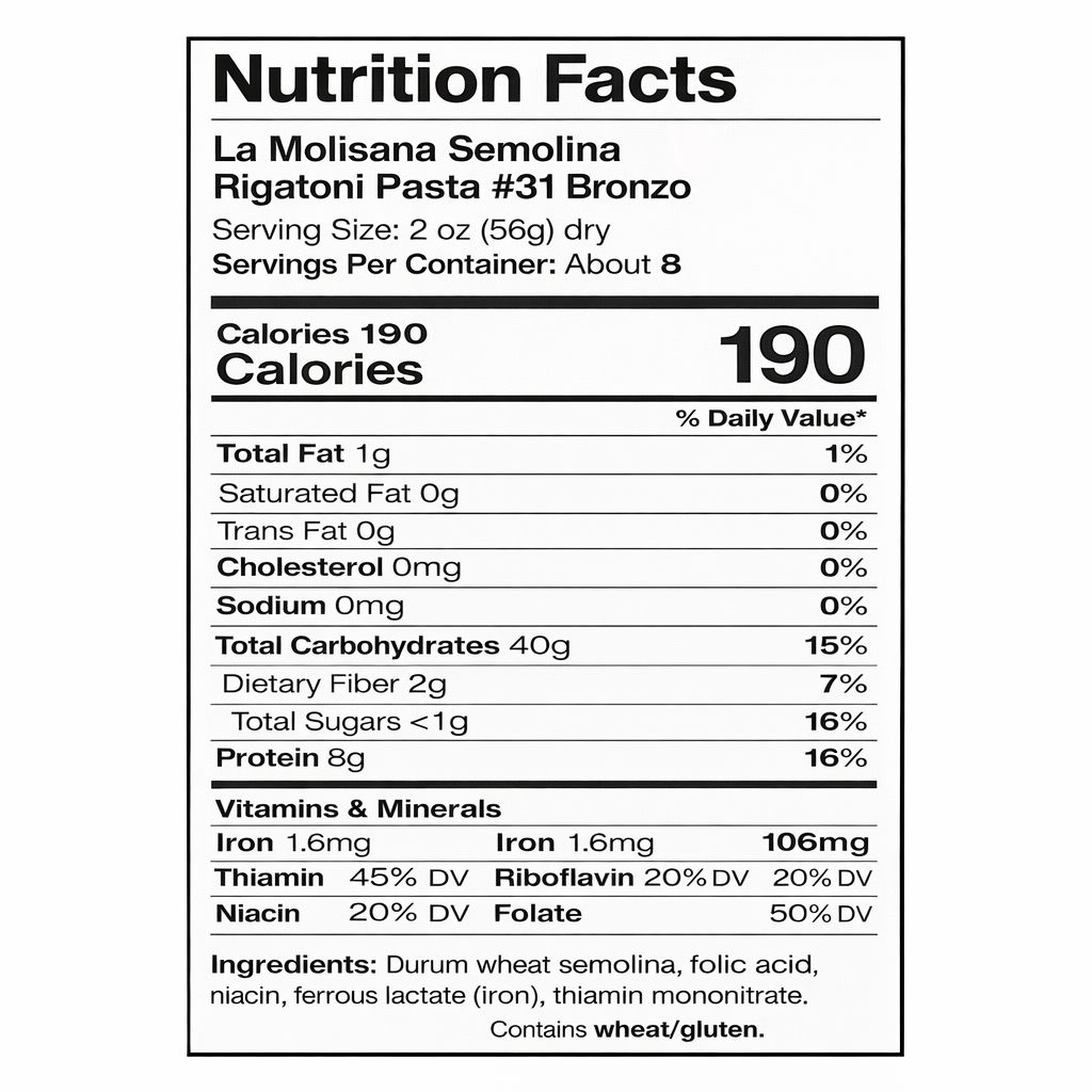 La Molisana Rigatoni Pasta #31 Bronzo – 3 Pack (3 × 16 oz Bags) back package image - Pops Trading Company