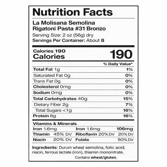 La Molisana Rigatoni Pasta #31 Bronzo – 3 Pack (3 × 16 oz Bags) back package image - Pops Trading Company