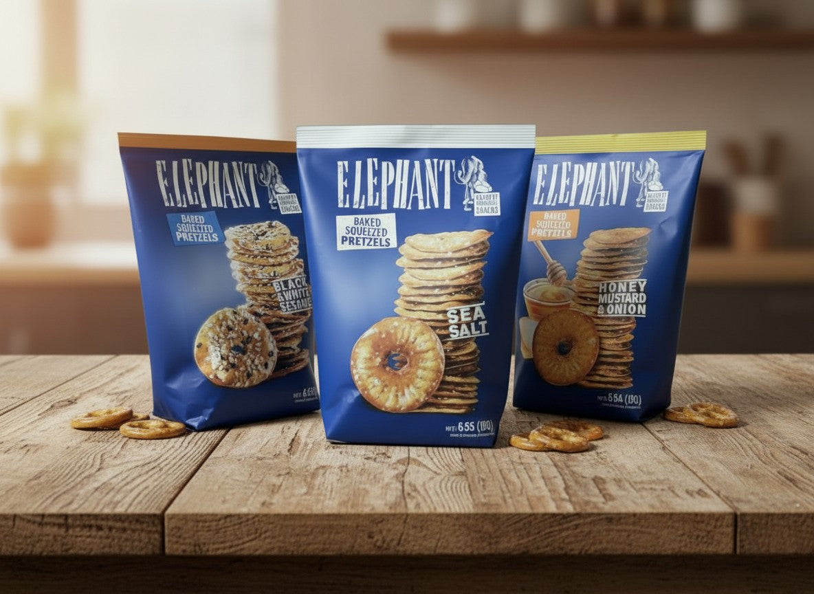 Elephant Baked Squeezed Pretzels Black & White Sesame product image at Pops Trading Company