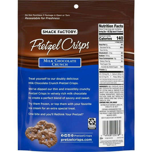Snack Factory Milk Chocolate Crunch Pretzel Crisps, 155g/5.5 oz back package image - Pops Trading Company