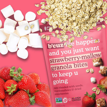 B'cuz Granola Bites Strawberry Mallow 3oz side package detail image - Pops Trading Company