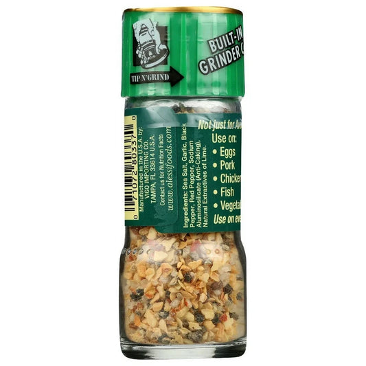 Alessi Avocado Toast Seasoning – 1.83 oz Grinder Bottle back package image - Pops Trading Company