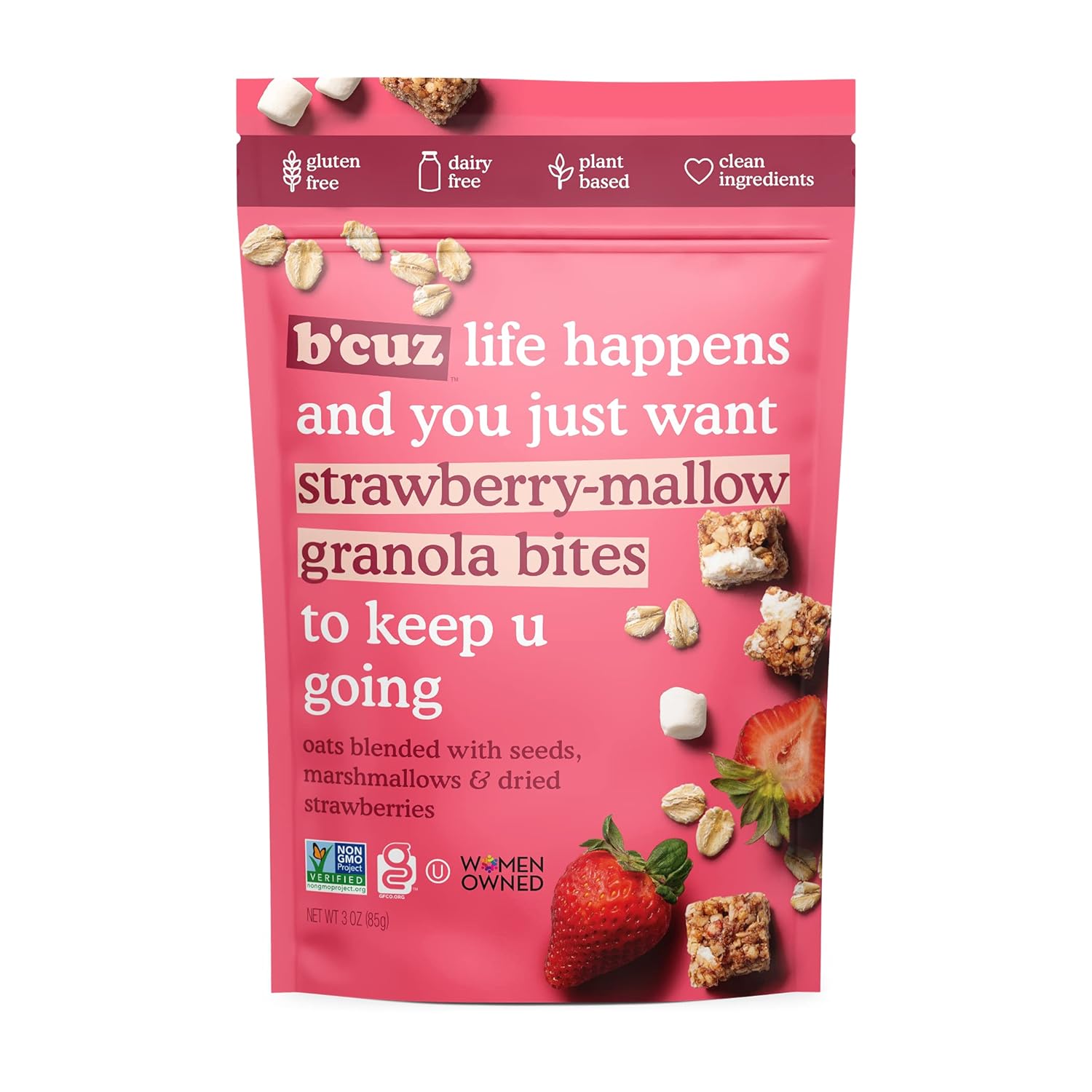 B'cuz Granola Bites Strawberry Mallow 3oz product detail image - Pops Trading Company