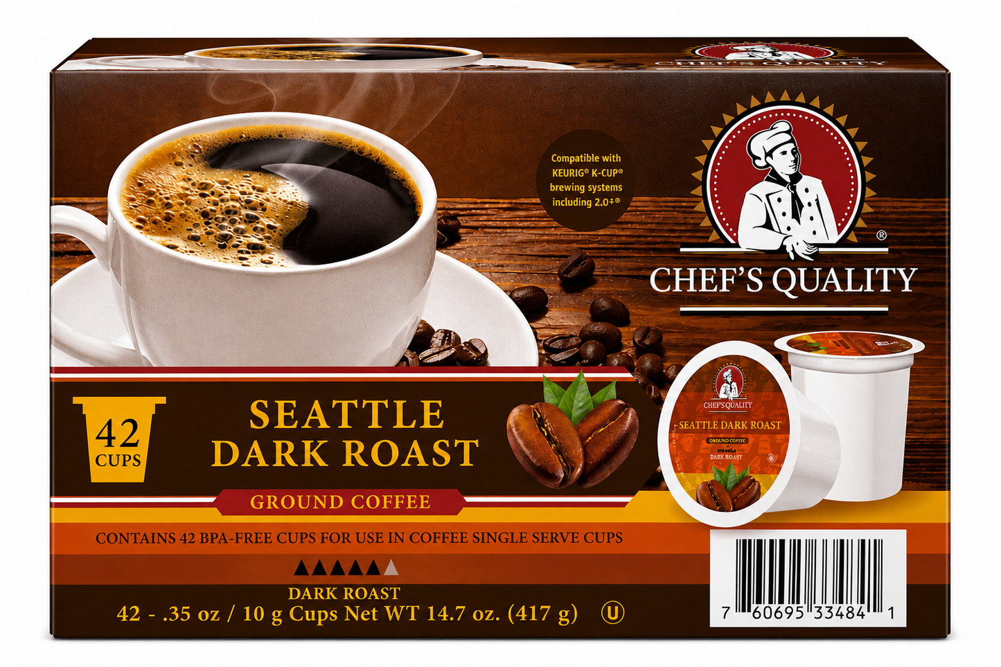 Chef's Quality Seattle Dark Roast Single Serve Coffee Cups 42ct product image at Pops Trading Company