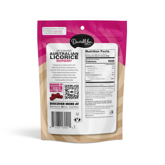 Darrell Lea Soft Australian Licorice Raspberry Candy 7 oz back package image - Pops Trading Company