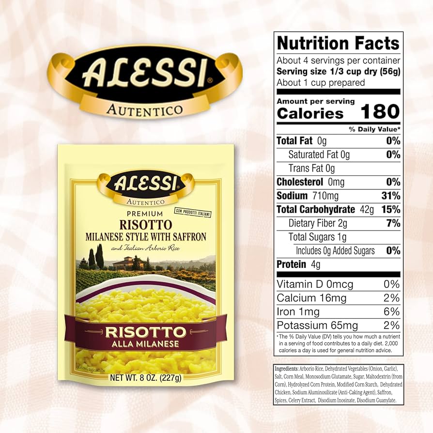 Alessi Risotto Alla Milanese 8 oz Bag – Premium Italian Risotto Mix back package image - Pops Trading Company