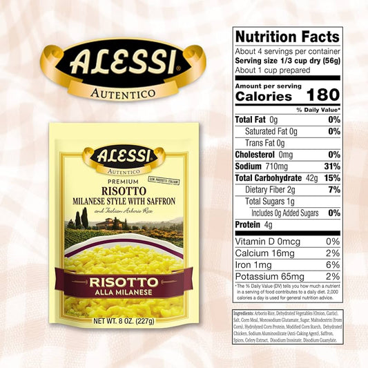 Alessi Risotto Alla Milanese 8 oz Bag – Premium Italian Risotto Mix back package image - Pops Trading Company