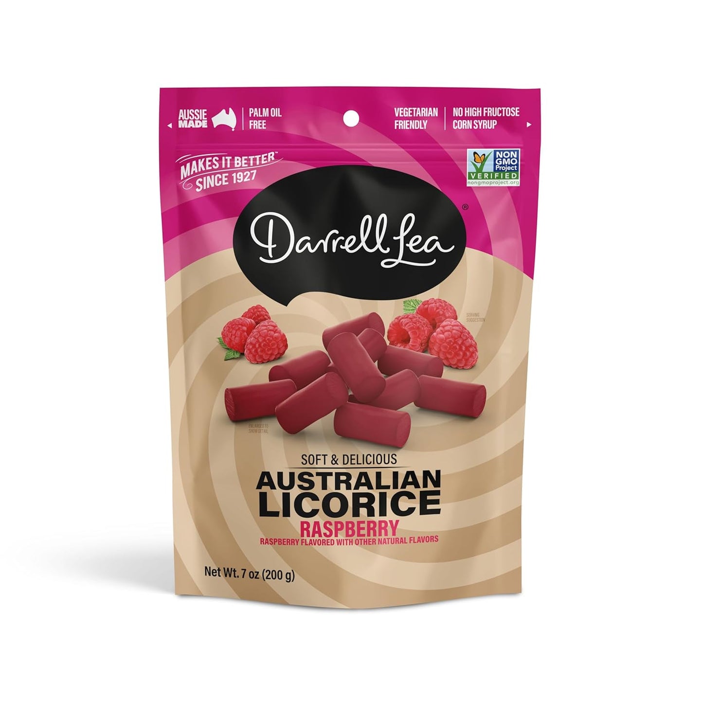 Darrell Lea Soft Australian Licorice Raspberry Candy 7 oz front package image - Pops Trading Company