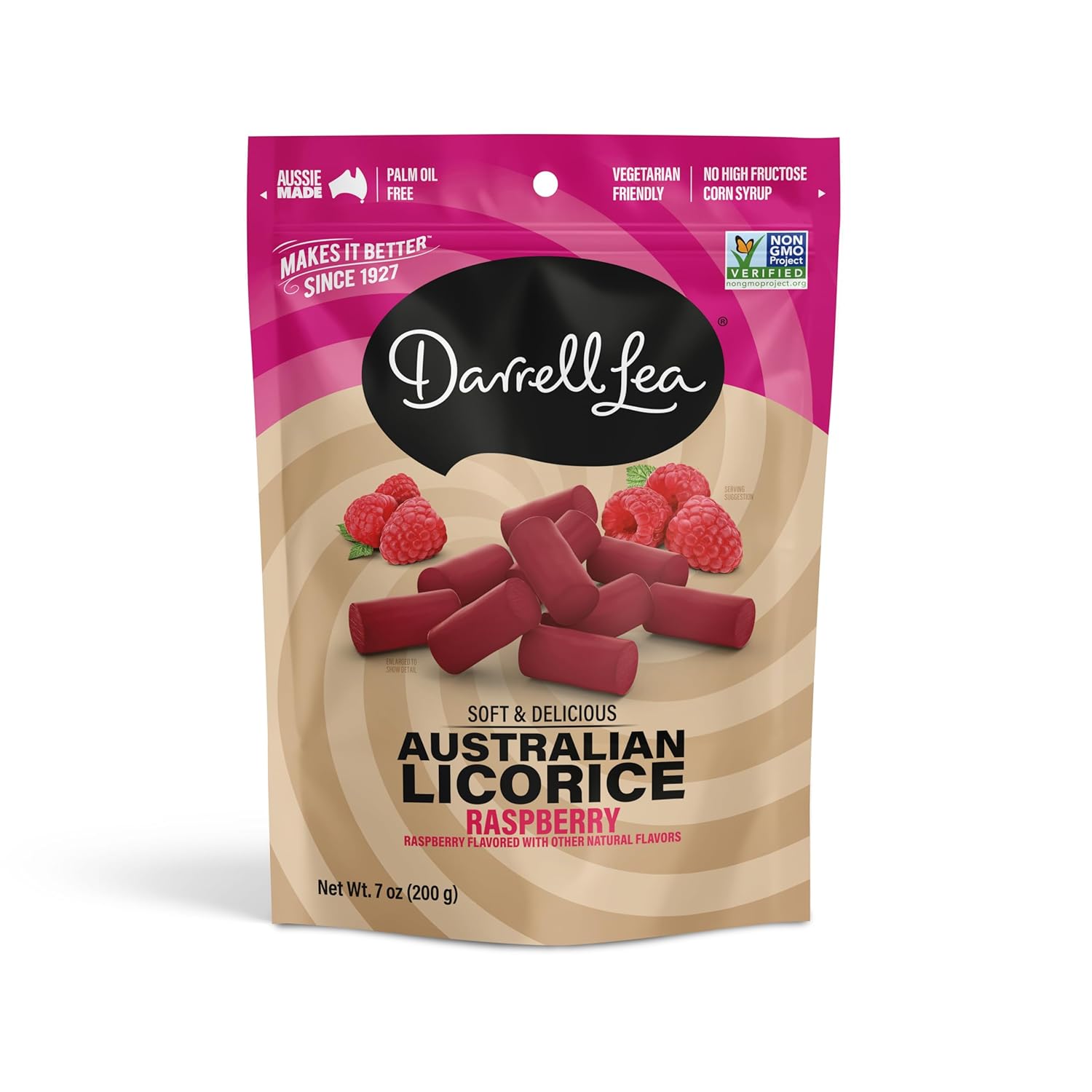 Darrell Lea Soft Australian Licorice Raspberry Candy 7 oz front package image - Pops Trading Company