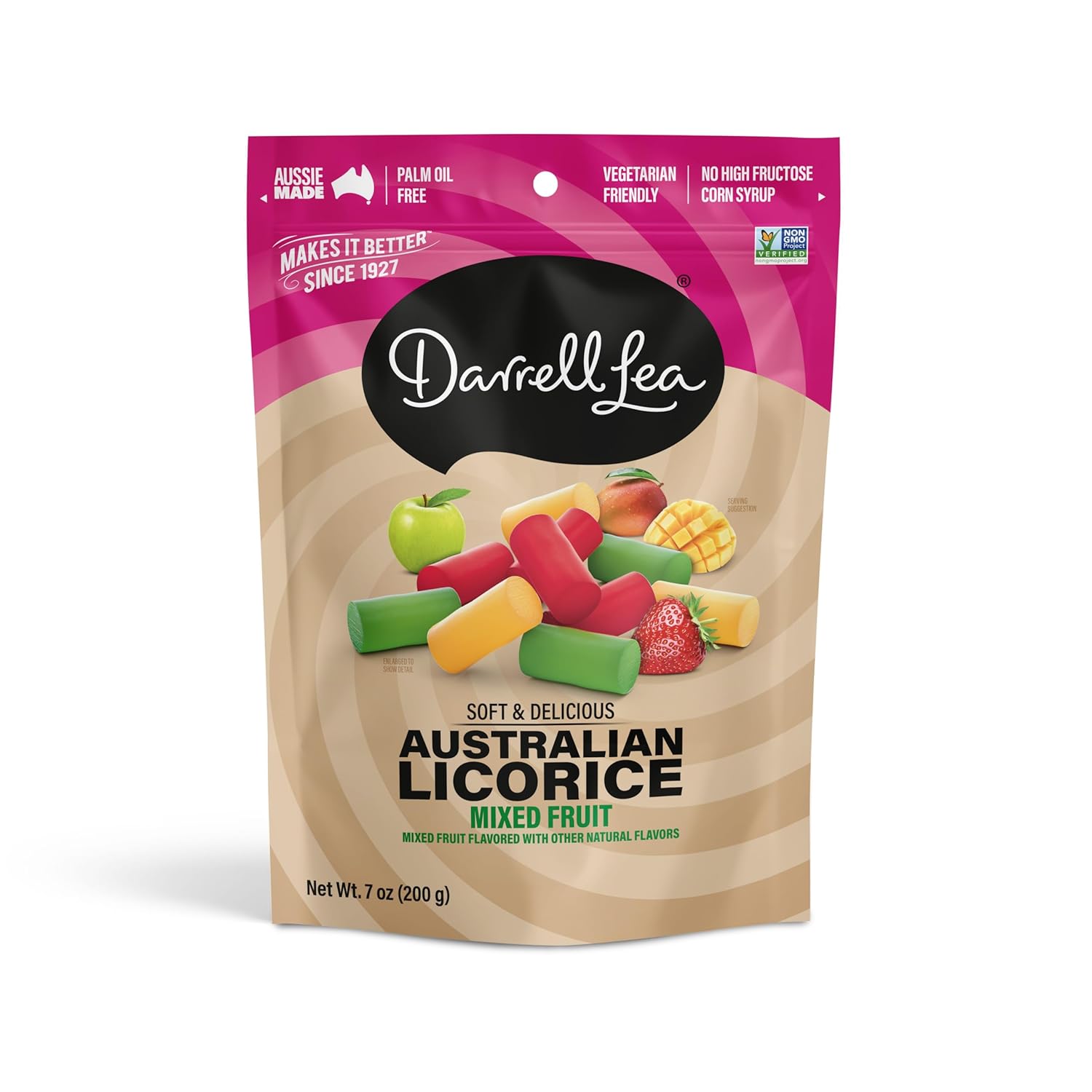 Darrell Lea Soft Australian Licorice Mixed Fruit Candy 7 oz front package image - Pops Trading Company