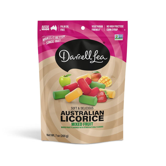 Darrell Lea Soft Australian Licorice Mixed Fruit Candy 7 oz front package image - Pops Trading Company
