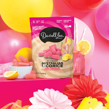 Darrell Lea Soft Australian Licorice Pink Lemonade Candy 7 oz side package detail image - Pops Trading Company