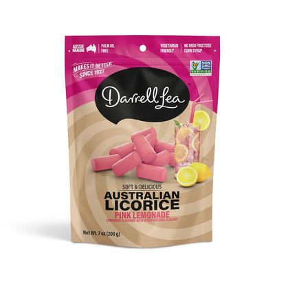 Darrell Lea Soft Australian Licorice Pink Lemonade Candy 7 oz front package image - Pops Trading Company