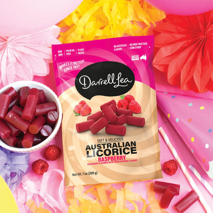 Darrell Lea Soft Australian Licorice Raspberry Candy 7 oz side package detail image - Pops Trading Company