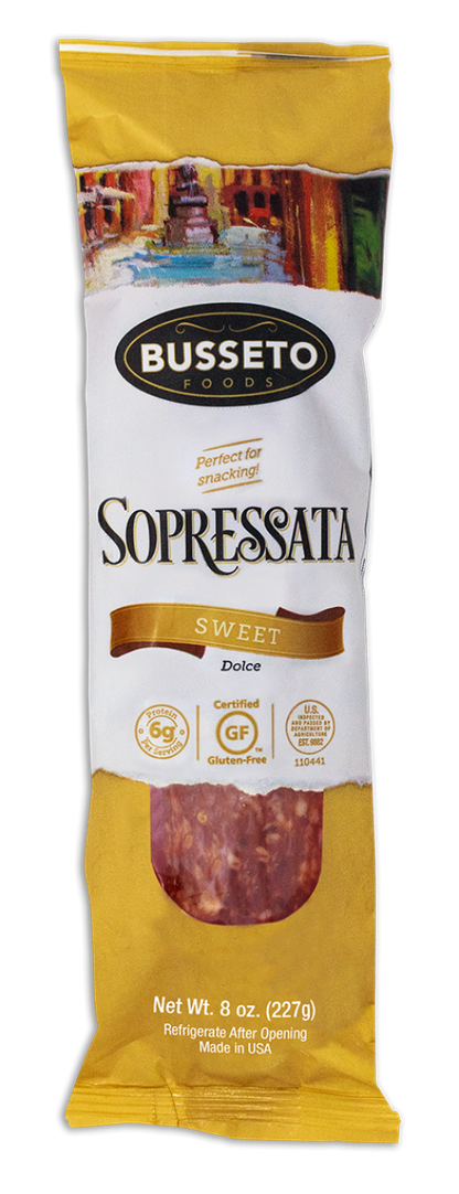 Busseto Dolce Sopressata Chub 8oz Special Order Item: front package image - Pops Trading Company