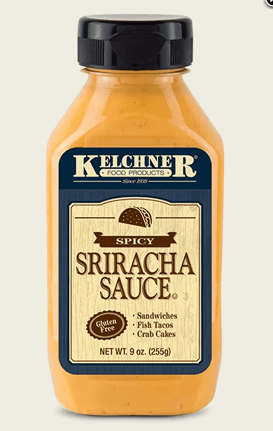 Kelchner's Spicy Sriracha Sauce 9 Ounce Squeeze Bottle Gluten free front package image - Pops Trading Company