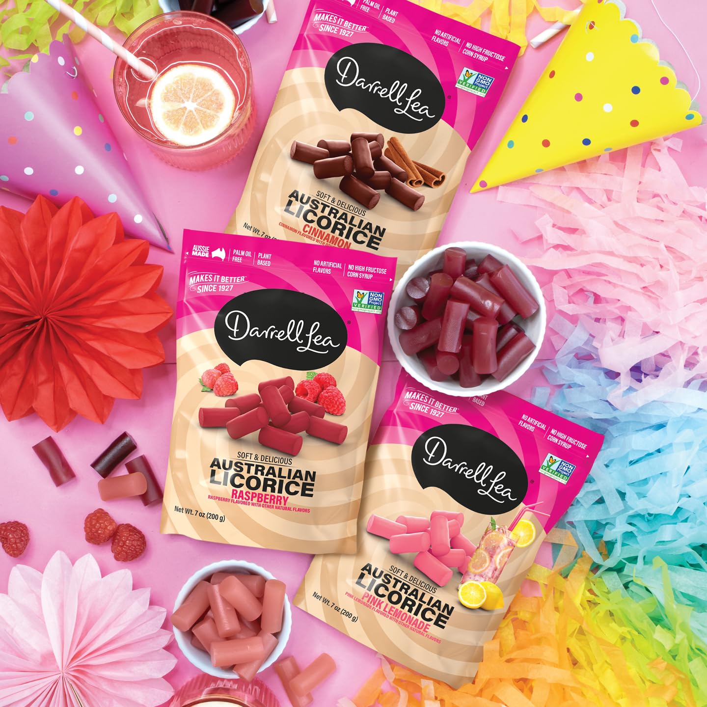 Darrell Lea Soft Australian Licorice Raspberry Candy 7 oz nutrition facts and ingredients image - Pops Trading Company
