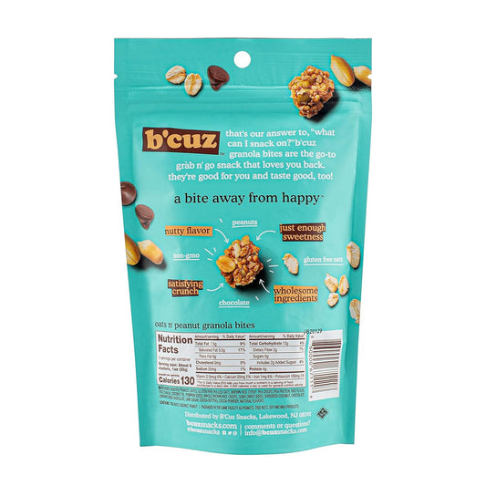 B’cuz Oats n’ Peanut Granola Bites – 3 oz Pouch back package image - Pops Trading Company