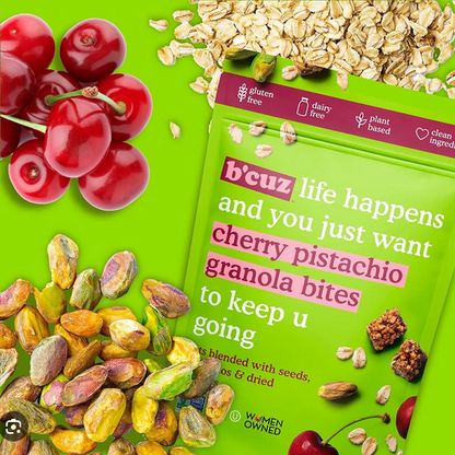 B’cuz Cherry Pistachio Granola Bites | Gluten-Free Plant-Based Snack 3oz side package detail image - Pops Trading Company