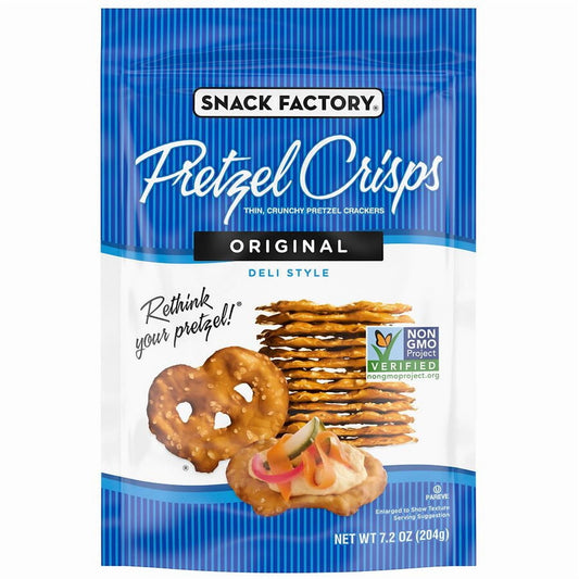 The Snack Factory Pretzel Crisps Original 7.2 oz Pack of 2 front package image - Pops Trading Company